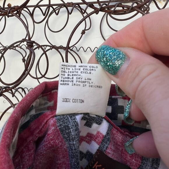 Vintage 90s Karman Aztec Maroon Stripe Southwestern Long Sleeve Button Up Shirt - Picture 5 of 6